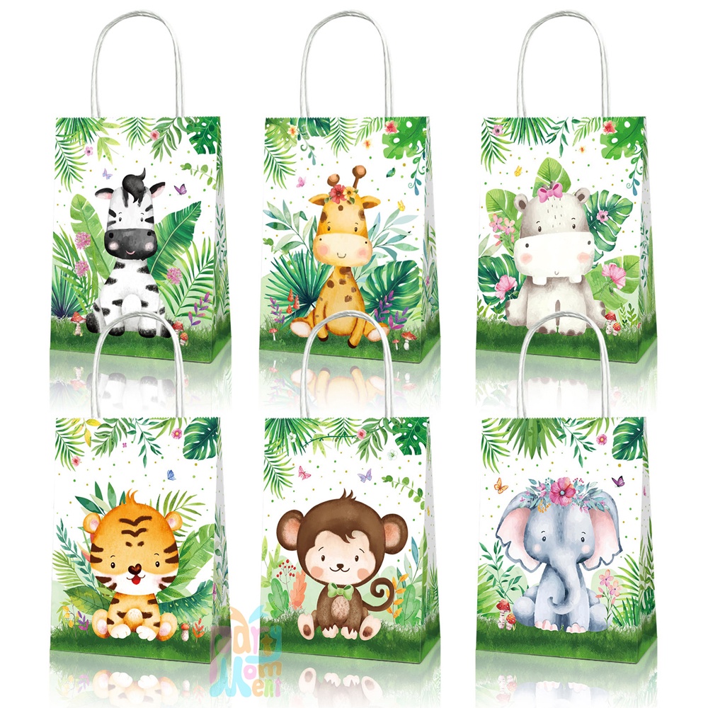 12pcs Cartoon Animal Theme Kraft Paper Handbag Lion Giraffe Printed