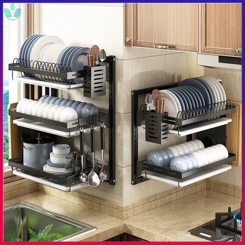 Kitchen dish rack wall-mounted multifunctional shelf with no holes in ...