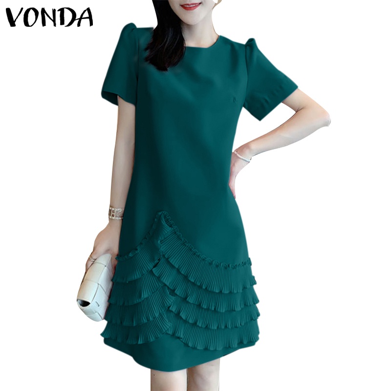 Vonda Women Korean Short Sleeves Round Neck Hemline Pleated Solid Color