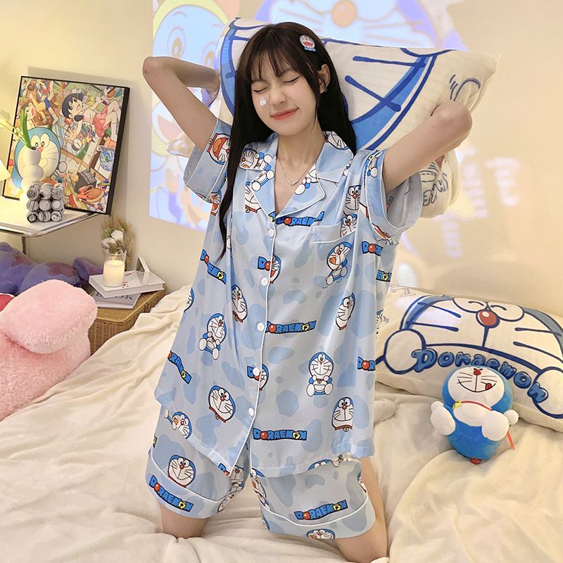 Cartoon Doraemon pajamas female summer ins wind short sleeve cardigan ...