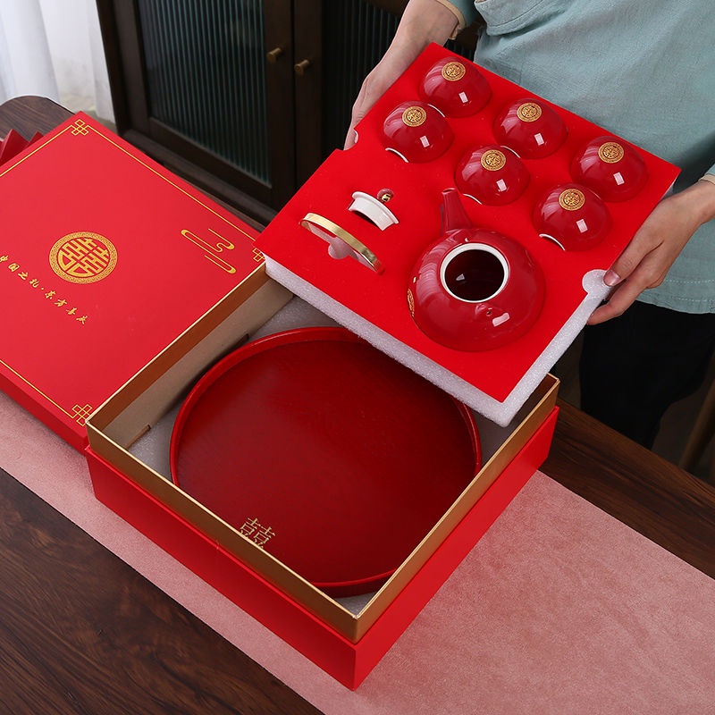 Chinese Engagement Red Bride Modified Tea Cup Lifting Handle Teapot