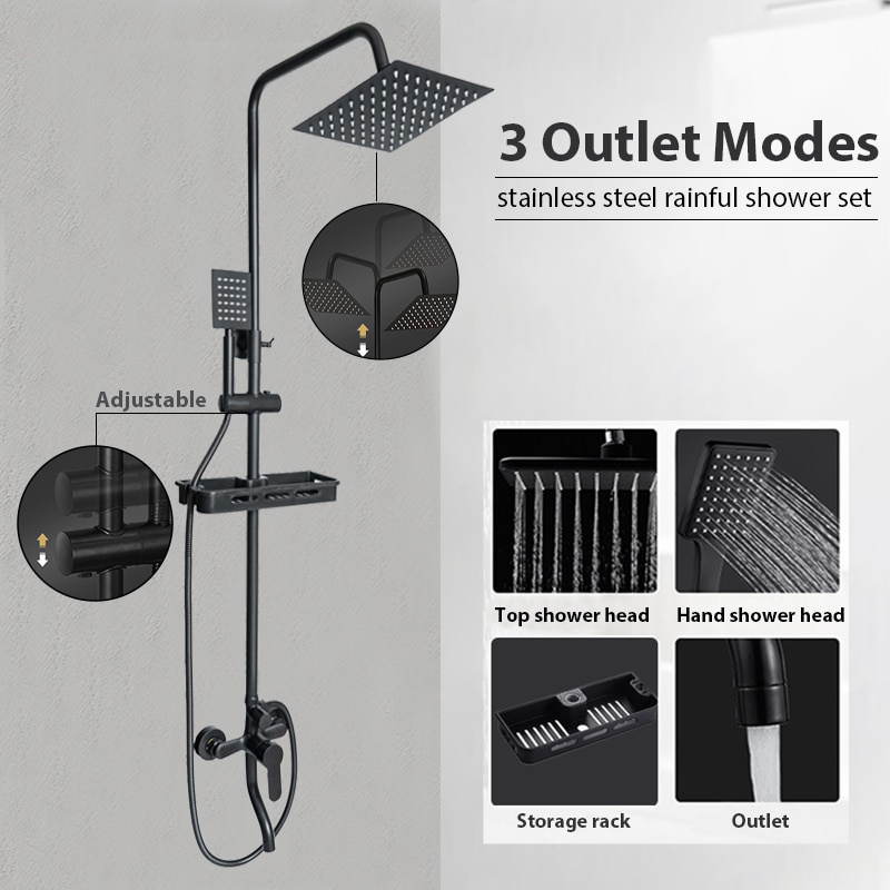 Matte Black Rain Shower Set with Wall Mount and Shelf - Shower System ...