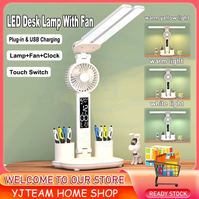 🇸🇬Ready Stock🇸🇬 LED Desk Lamp Fan USB Dimmable Touch Foldable Table Lamp with Calendar Clock