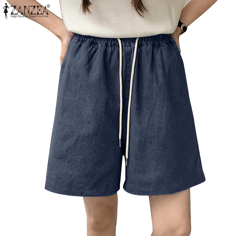 Fashion (Dark Blue)Solid Color Shorts Women Elastic High Waist