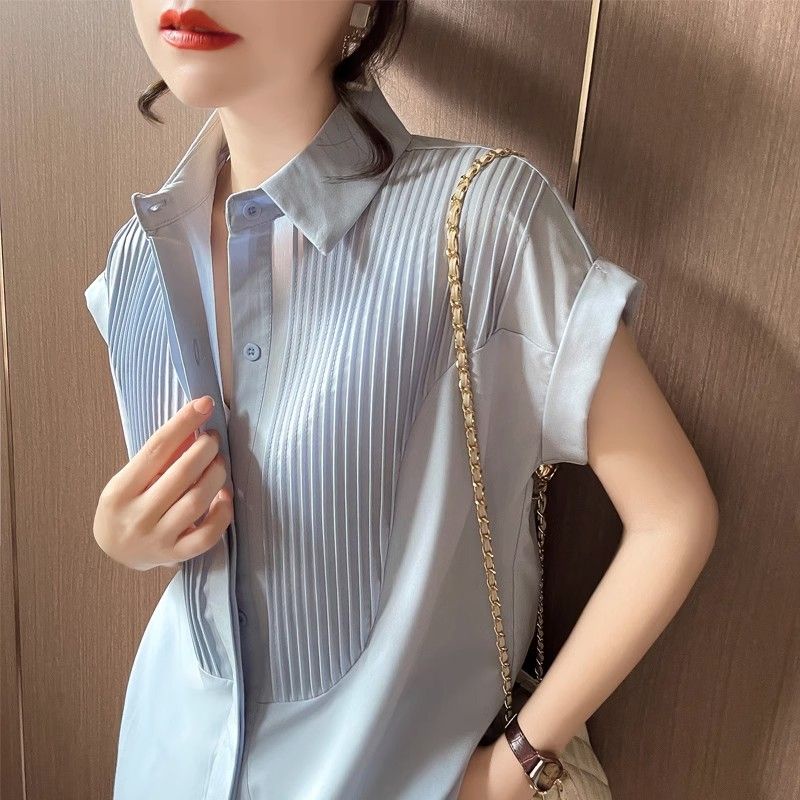 Blue Pleated Shirt Women Summer New Style Korean Version Niche Casual ...