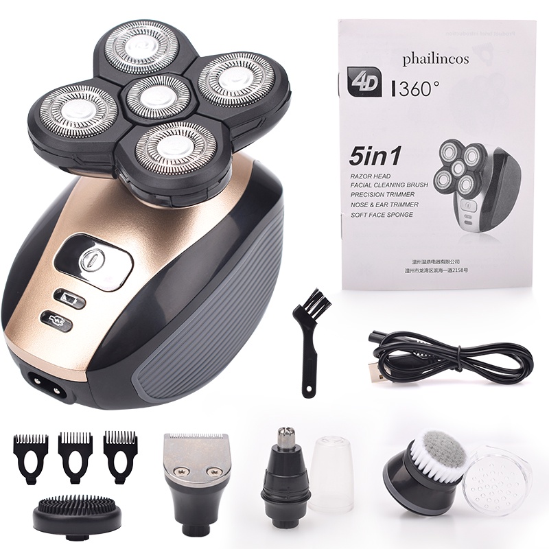 5 In 1 4D Men's Rechargeable Bald Head Electric Shaver 5 Floating Heads ...
