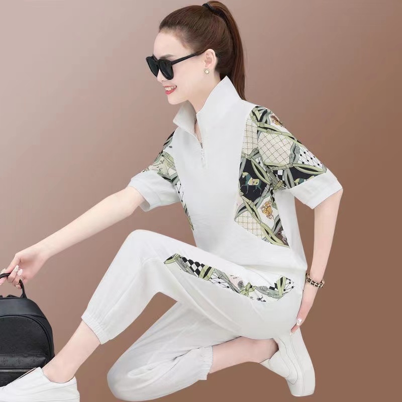 Casual Sports Suit Women Summer New Fashion Stitching Printing Collar Two-piece Set