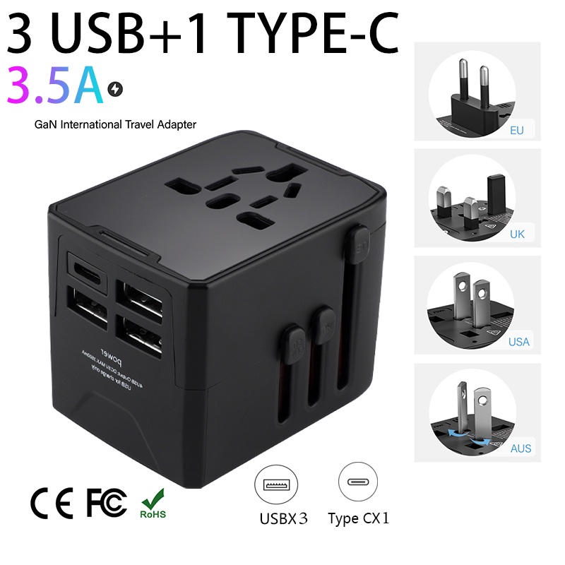 LENCENT GaN Universal Travel Adapter with 2 USB Ports 3 Type C Fast ...