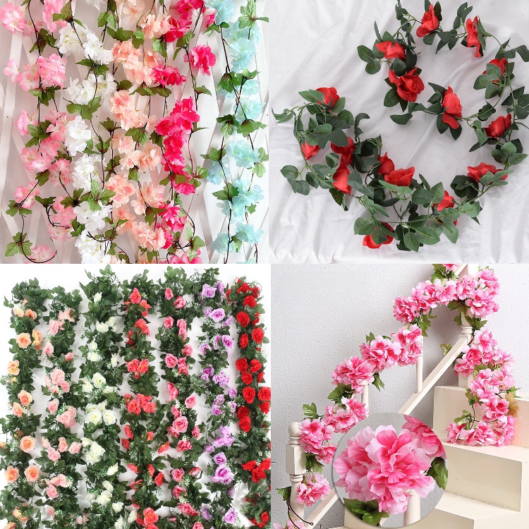 230cm Artificial Rose Flower Vine Wall Hanging Silk Flowers Ivy Cherry ...