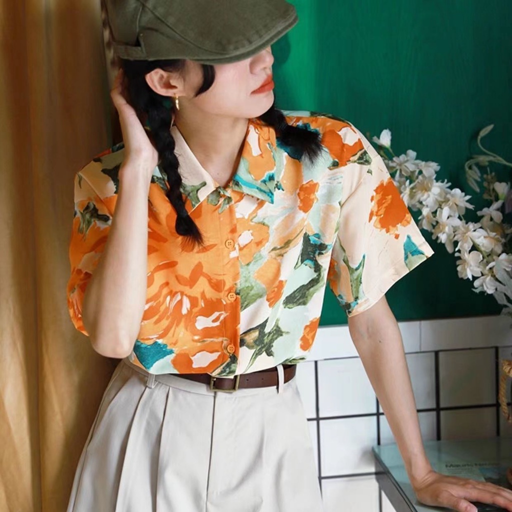 Flower Button Style Short Sleeve Blouse Shirt