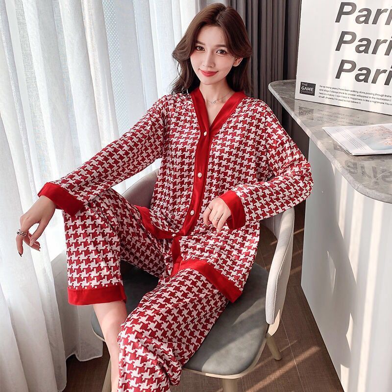 Korean Style Floral Ice Silk Pajamas Women's LongSleeved Satin Pyjamas