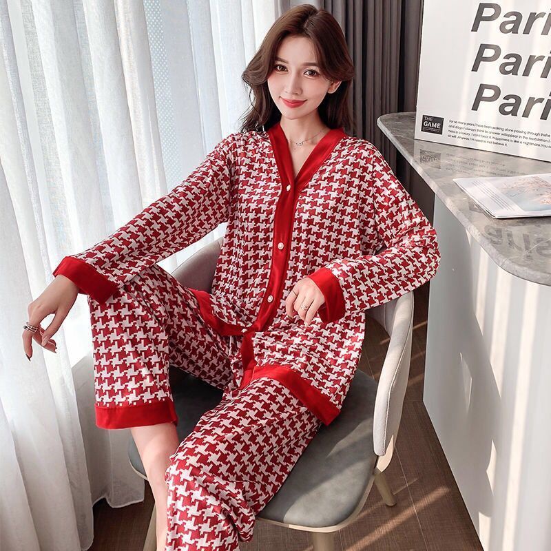 Korean Style Floral Ice Silk Pajamas Women's Long-Sleeved Satin Pyjamas ...