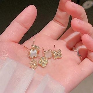 925 Silver Needle Clover Vintage Rhinestone Premium Stud Earrings