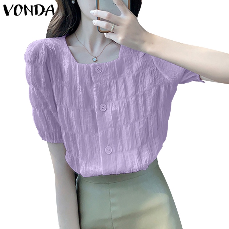 Vonda Women Korean Elegant Simple Casual Square Neck Short Puff Sleeve Blouse Shopee Singapore 1406