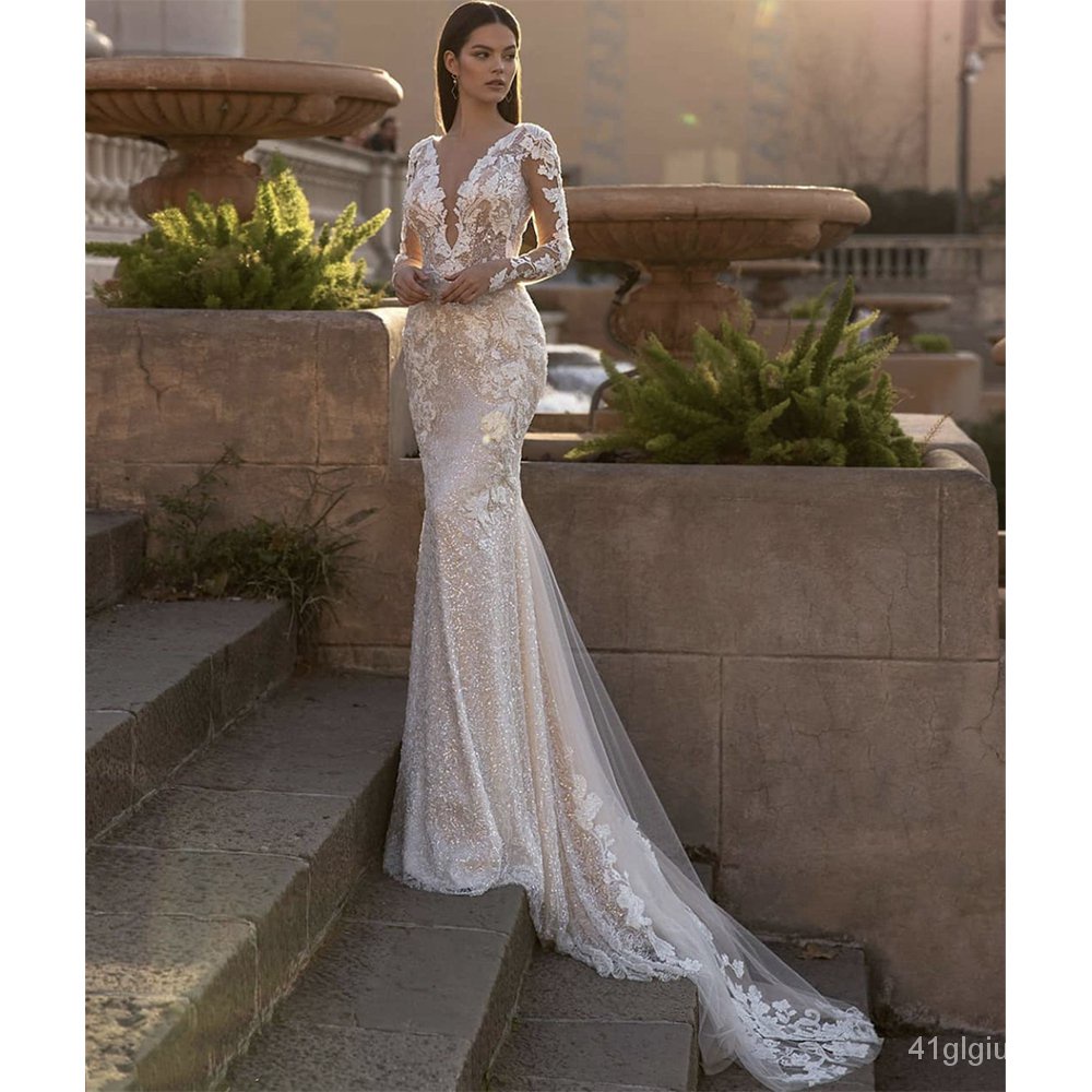 YQ5 2022 Luxury Lace Appliques Sequins Mermaid Wedding Dress V-Neck ...