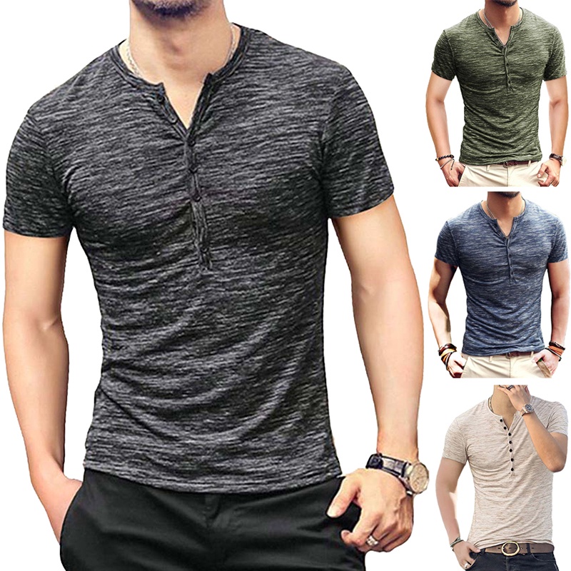 Summer Men's Jacquard Knitted Casual Slim Fit Basic Short Sleeve Henley