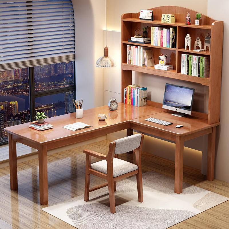 Corner solid wood desk bookshelf integrated with window corner computer
