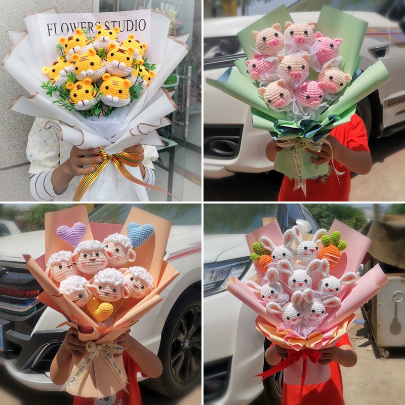 Knitted Flower Tiger Pig Rabbit Knitted Bouquet diy Material Pack Wool ...