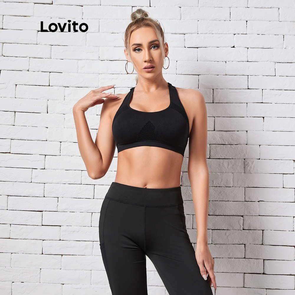 Lovito Sports Plain QuickDrying Cut Out Contrast Mesh Backless Bras For Women L10903 (Black)