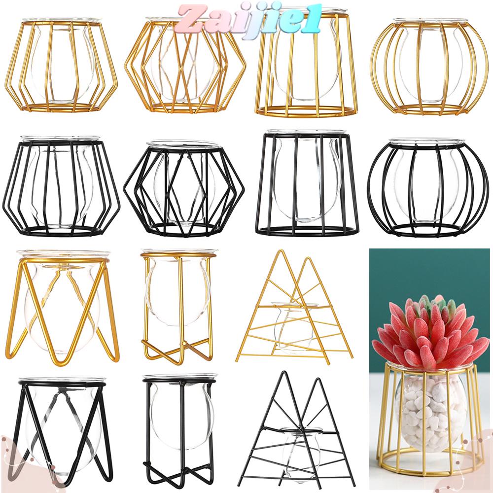 ZAIJIE Craft Hydroponic Vase Home Decoration Iron Geometric Pattern Terrarium Metal Holder Nordic Styles Desktop Ornament Plants Frame Glass Planter/Multicolor
