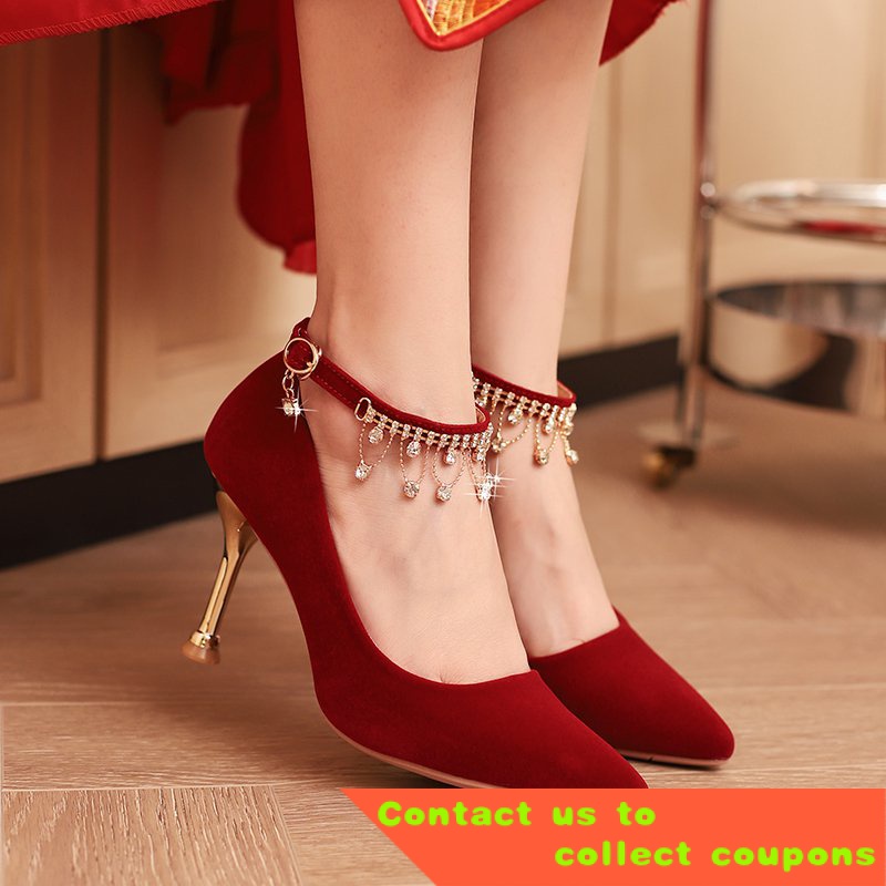 2022New Wine Red High Heel Wedding Shoes Chinese Xiuhe Suit