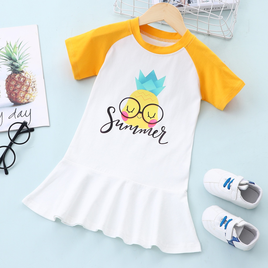 Low Price 2023 Baby Dress 2 7Years Old Baby Girls Clothes Summer Short Sleeve Cotton Cratoon Toddler Kids Dresses 3 4 5 6 7 Years Old
