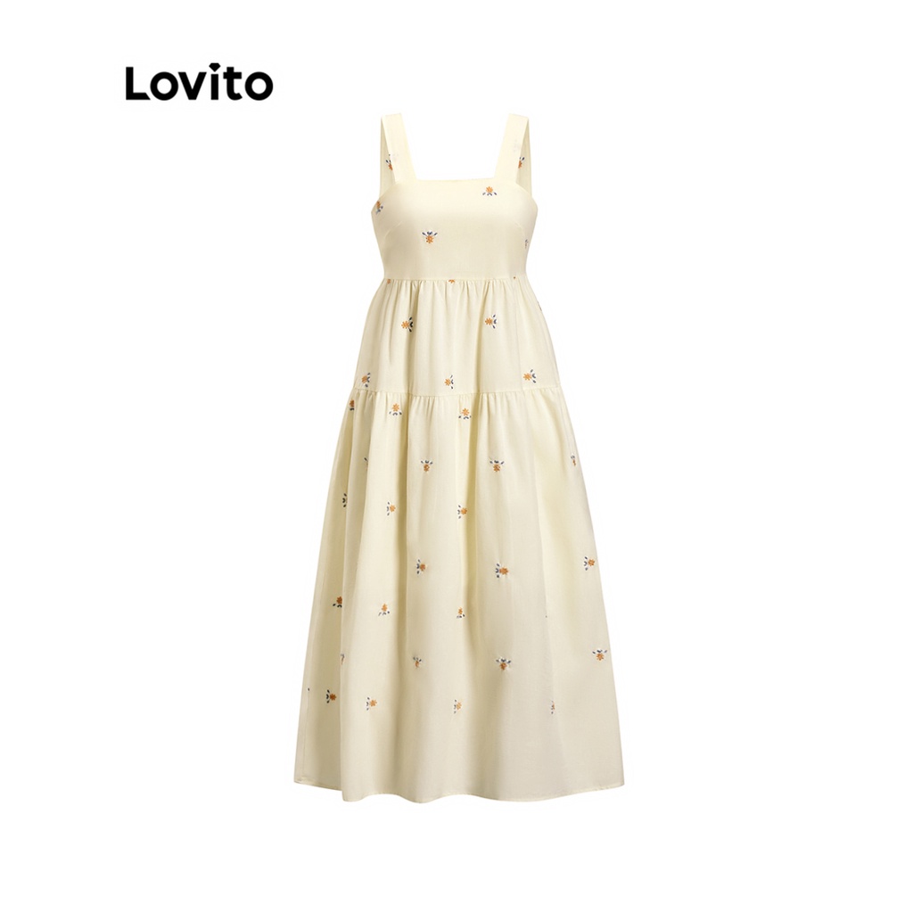 Lovito Casual Ditsy Floral Draped Cotton Embroidered Sunflower Dress