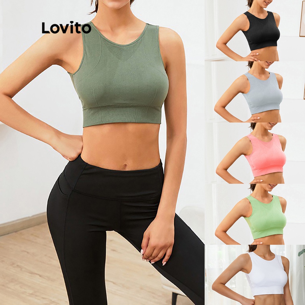 Lovito Slim Fit Wireless Sweat-wicking Breathable Quick-drying Mesh Stitching Solid Sports Yoga Women Bra L03061 (Green/Black/Light Blue/White)