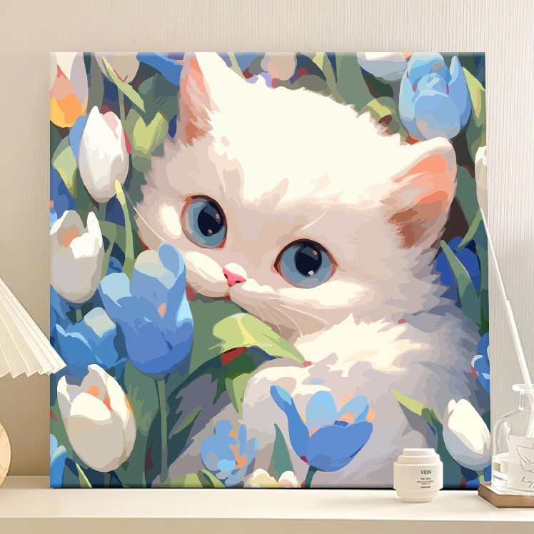 Cat Flower Tulip Paint By Numbers 20X20cm With Frame KIT Diy Oil ...