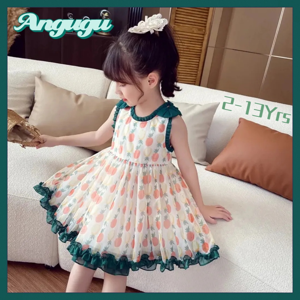 Angugu Summer Girls Puffy Princess Dress 2023 New Kids Korean Mesh