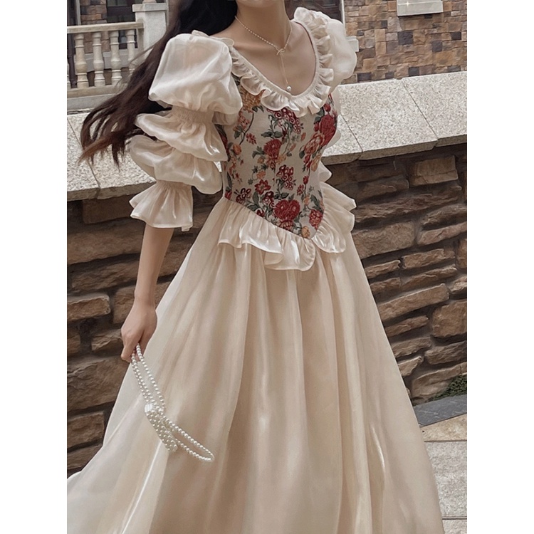Vintage Elegant Print Floral Dress Women 2022 Autumn O-neck Casual Evening  Party Midi Dress Female Puff Sleeve Korea Fairy Dress | Shopee Singapore