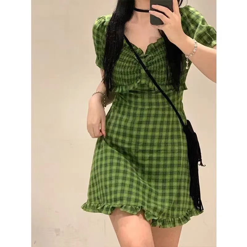 French Girl Green Plaid Dress Plus Size Women s Sweet Narrow Waisted 