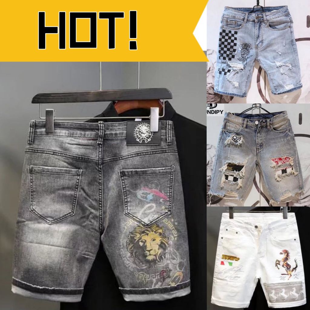 Denim Shorts Men Summer Thin New Style Embroidered Ripped Street Wear ...