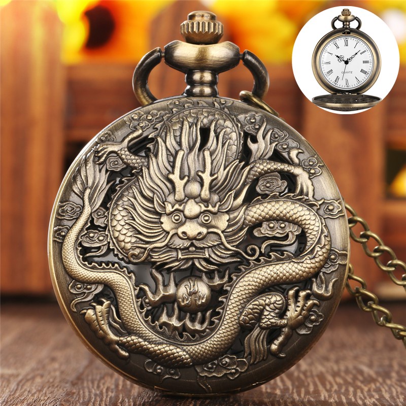 Classic Engraved Dragon Full Hunter Roman Number Quartz Pocket Watch for Men with Necklace FOB Chain Gift Shopee Singapore