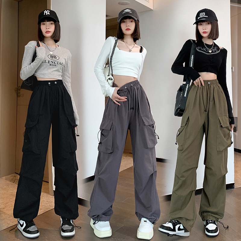 Y2K Streetwear Long Cargo Pants Women Sport Casual Baggy Wide Leg Straight  Cut Plus Size Big Pockets High Waist Ladies Oversize Dance Woman Trousers