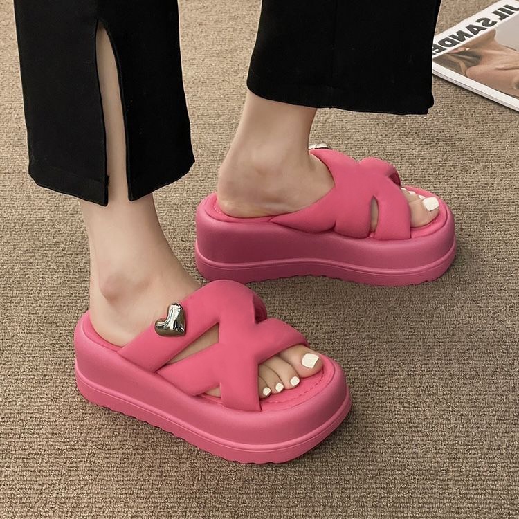 Women s thick soled slippers 5cm height increasing cross bread slippers outdoor wear EVA soft soled sandals non slip beach slippers Shopee Singapore