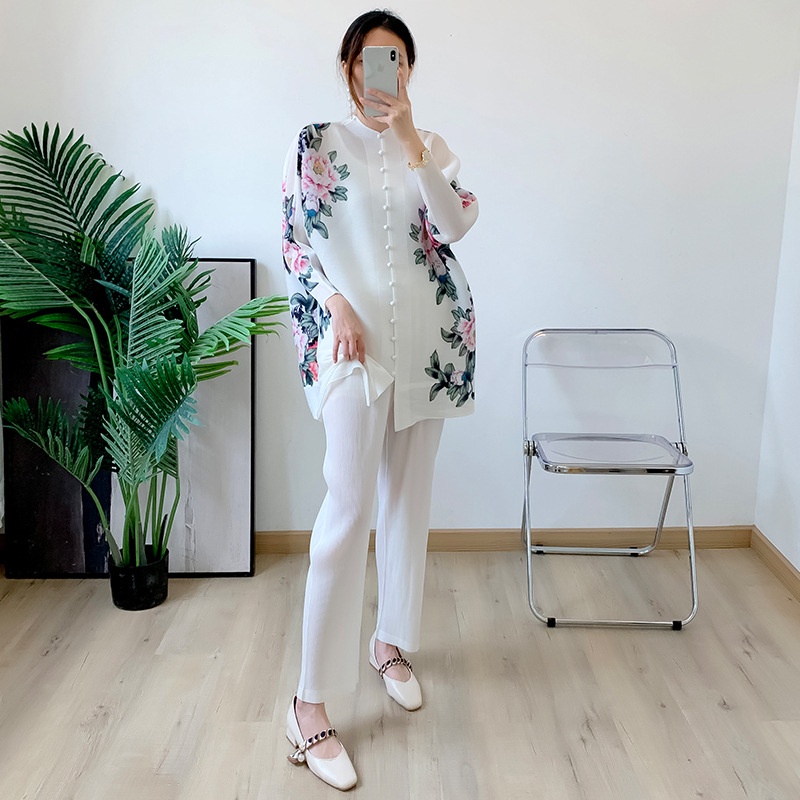 New Ladies Pleated Suit Printed Skirt Coat Casual Straight Pants Temperament Two-piece Set