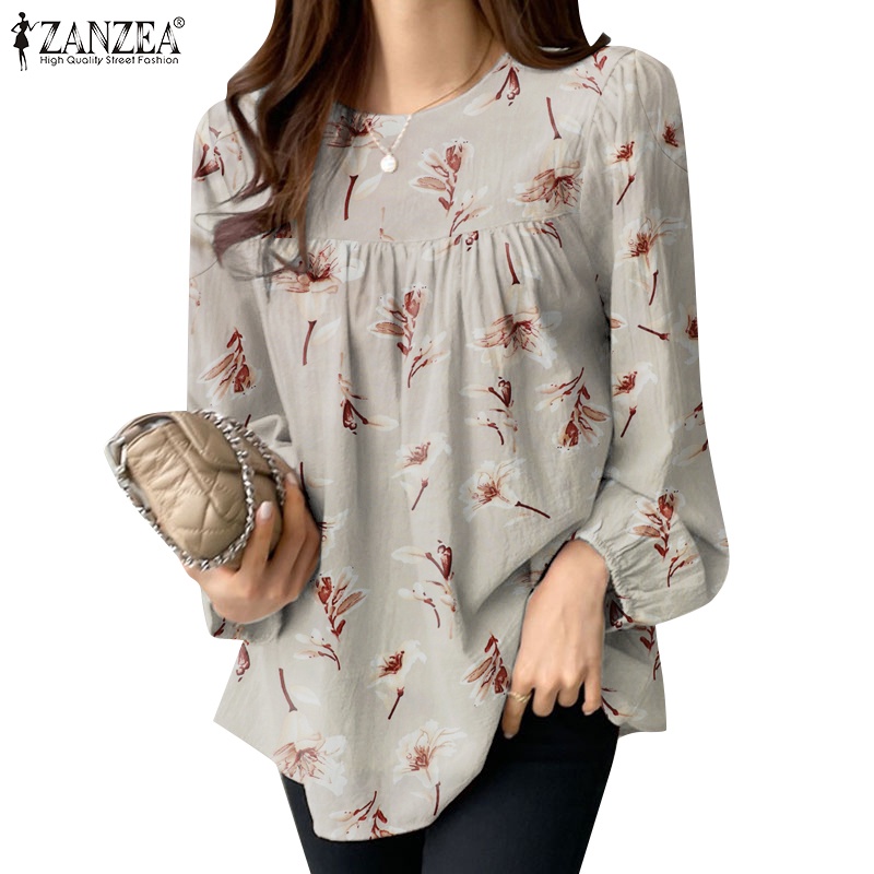 Zanzea Women Korean Daily O Neck Elastic Cuff Long Sleeve Puff Sleeves Top Floral Printed 0182