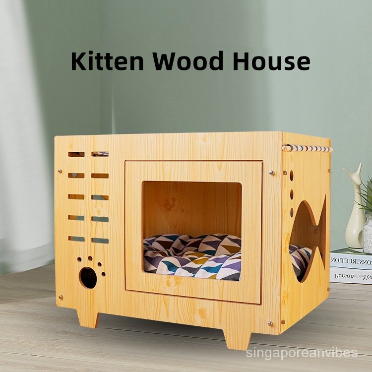 Compact Wooden Cat House Small Cat Square Kennel Box Portable Pet Bed