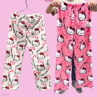 Sanrio Hello Kitty Flannel Pajama Pants Women's Warm Woolen Coral Fleece  Thickened and Fleece Warm Casual Home Pants Trousers