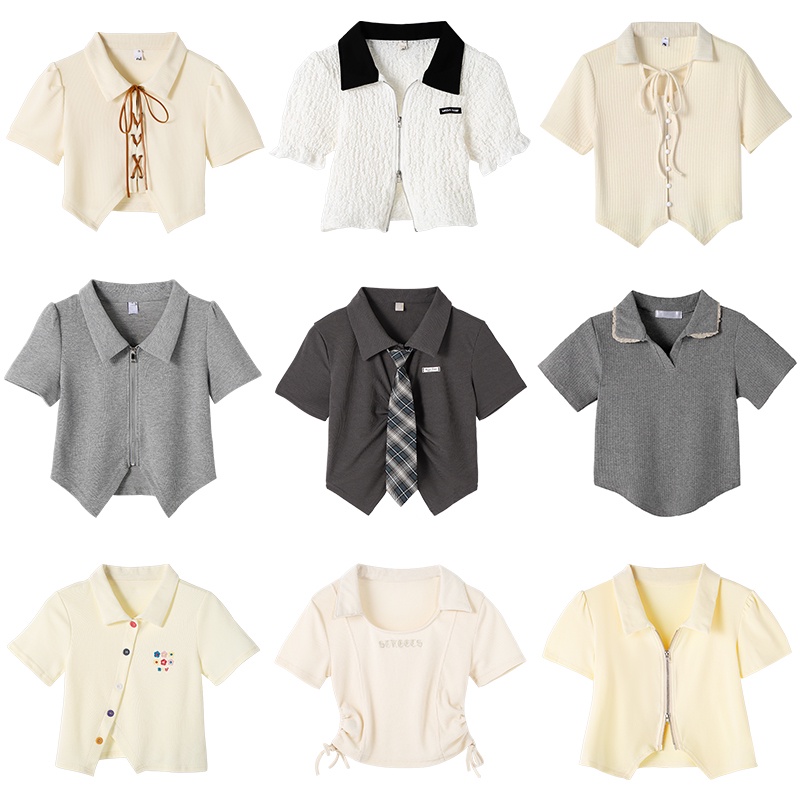 Women Polo Neck Color Stripe Casual Summer Short Sleeve T-shirt