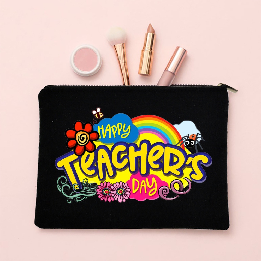 Happy Teacher's Day Pattern Canvas Pouch Pencil Cases Rainbow Storage ...