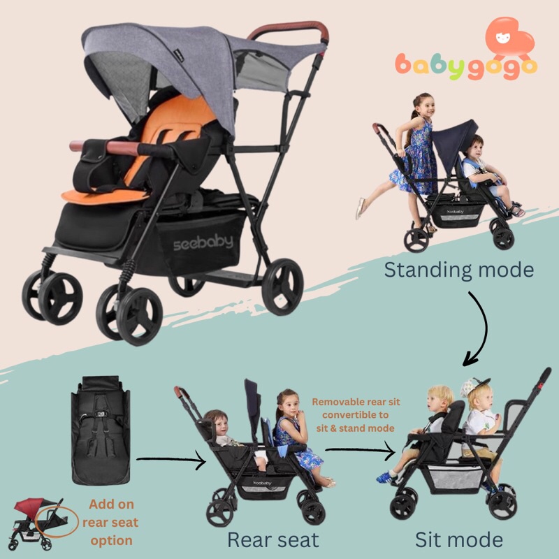 T12 Seebaby Pro tandem stroller /Twin Stroller 2021 Upgraded version ...