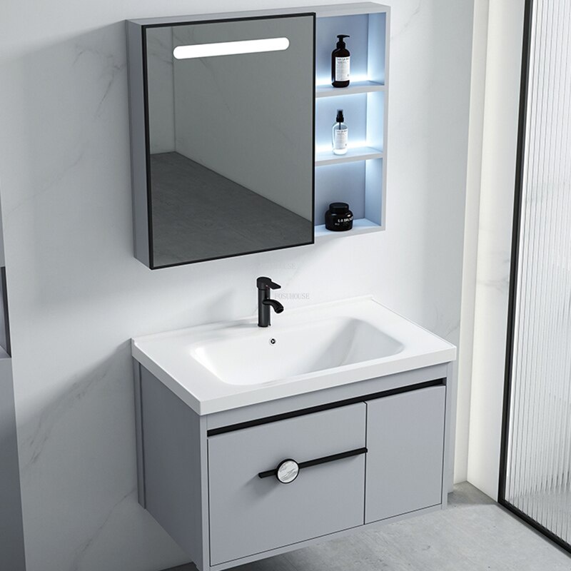 vanity Aluminum Bathroom Basin Set Ceramic Sink with Mirror and Shelf Basin