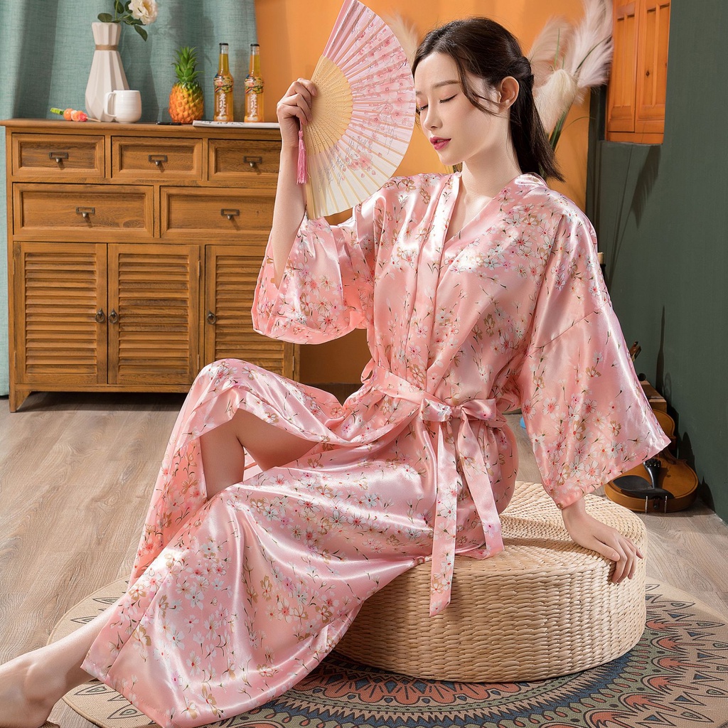 Women's Sardine Kimono Bridesmaid Morning Gown Pajamas Ice Silk Cardigan  Summer Sexy Long Bathrobe