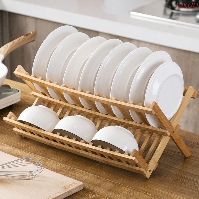 Basics Folding Bamboo Dish Drying Rack 2 Tier Mug Dryer with Utensil Holder Collapsible PL Shopee Singapore