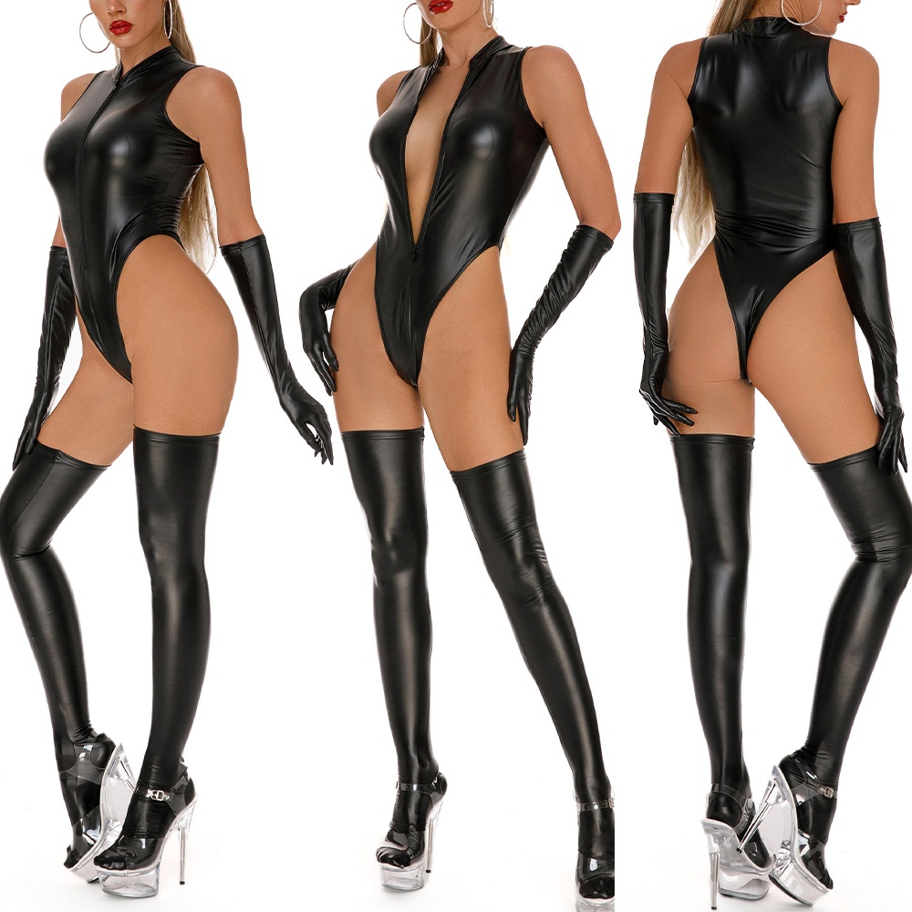 Women Shiny Glossy Latex Leather Bodysuit Zip-Up Crotchless Jumpsuit  Lingerie 