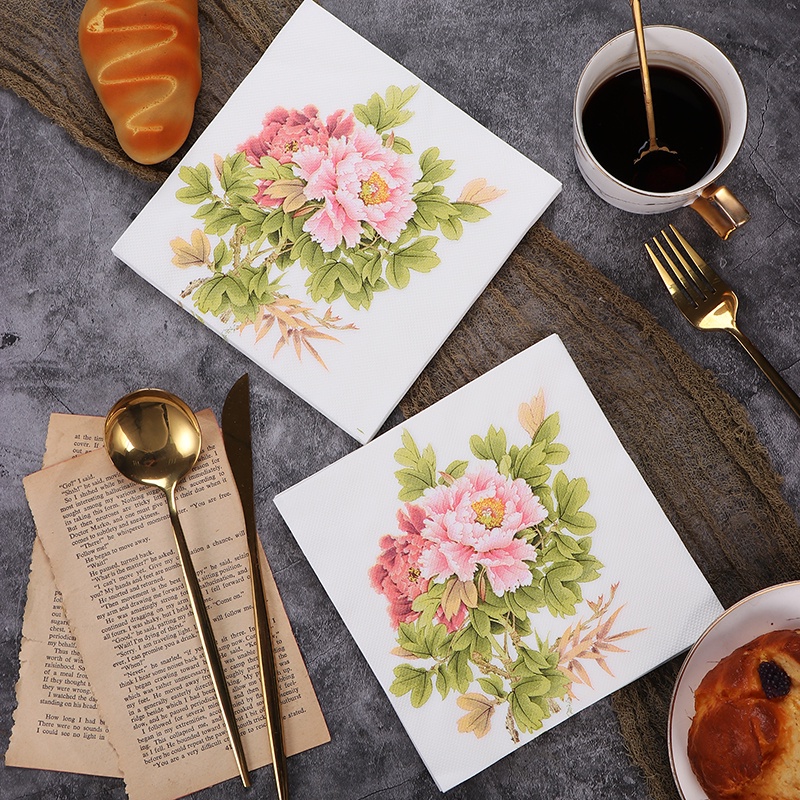 20pcs/pack Colored Peony Flower Printed Paper Napkins Chinese Style