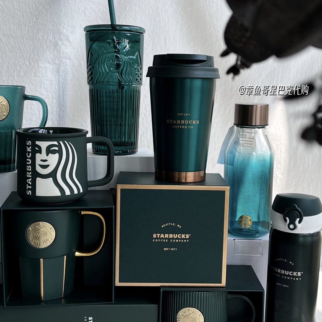 Starbucks Dark Green Goddess Striped Mug Ceramic Coffee Cup Water Cup Gift  Box