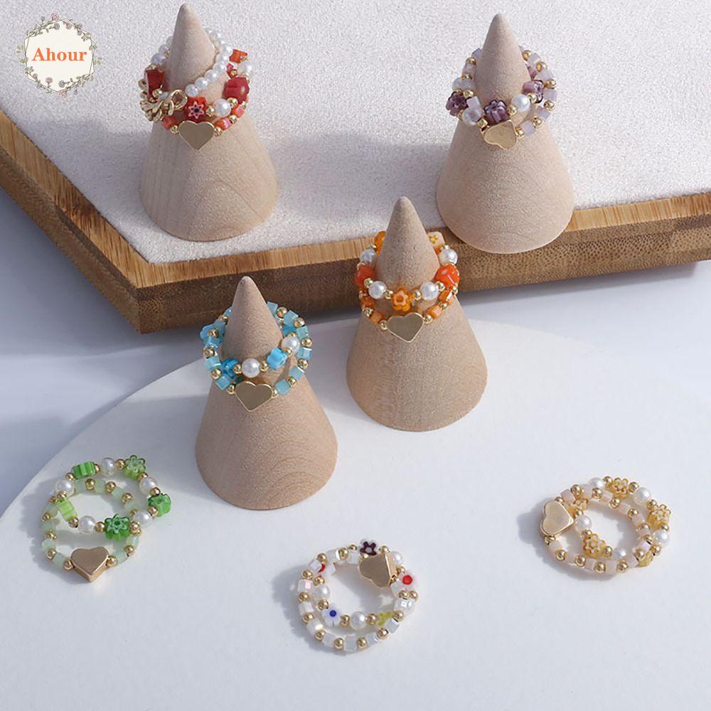 AHOUR Sweet Beaded Rings Elastic Women Ring Finger Ring Set Trendy Flower Cute Bohemia Korean Acrylic Party Jewelry/Multicolor